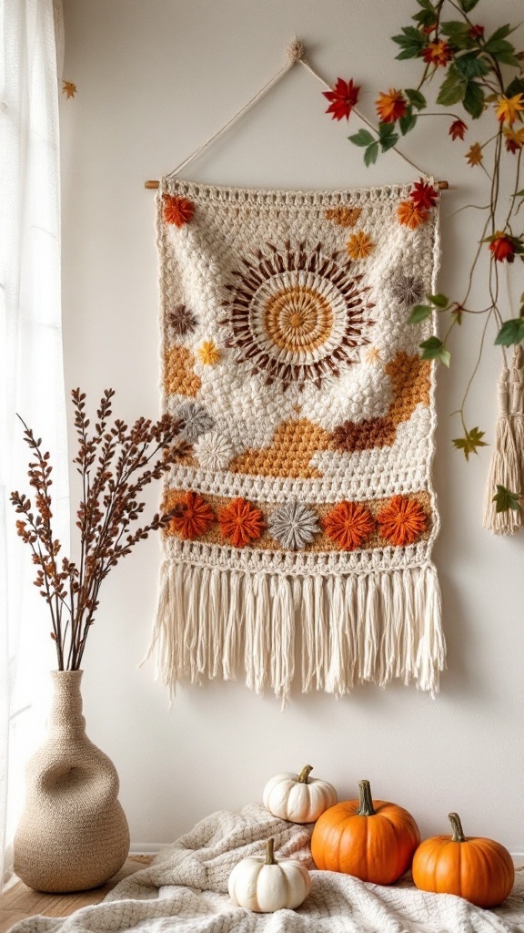 Autumn-themed crochet wall decor featuring warm colors and a sun motif