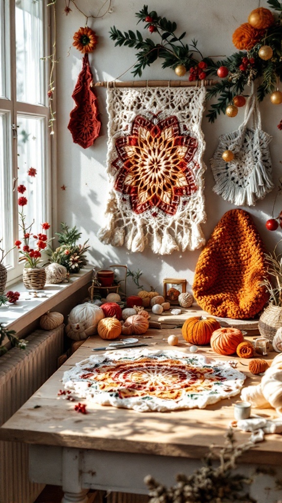 A cozy room with a colorful crochet wall hanging and autumn-themed decorations, including pumpkins and yarn.