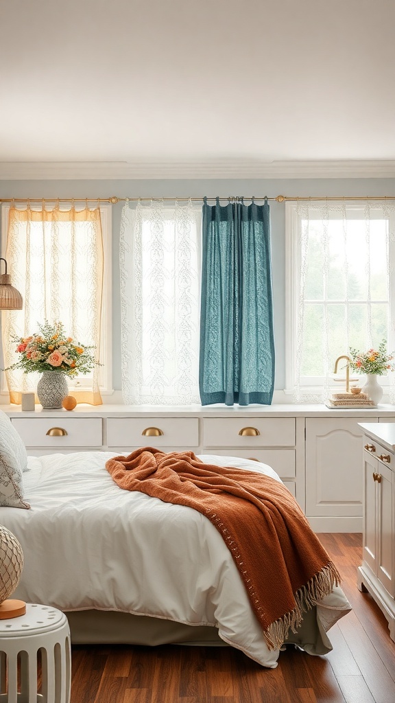 A cozy kitchen with seasonal curtains, featuring light lace and a deep teal curtain, complemented by warm orange decor.