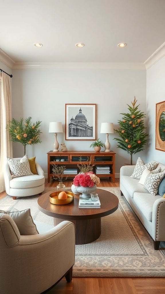 Cozy living room and dining room combo with seasonal decor including small trees and vibrant flowers.