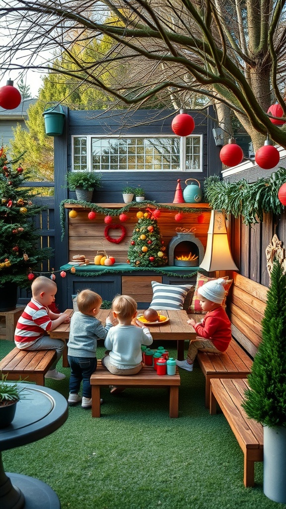 Kids enjoying a decorated outdoor play area with festive decor and seating