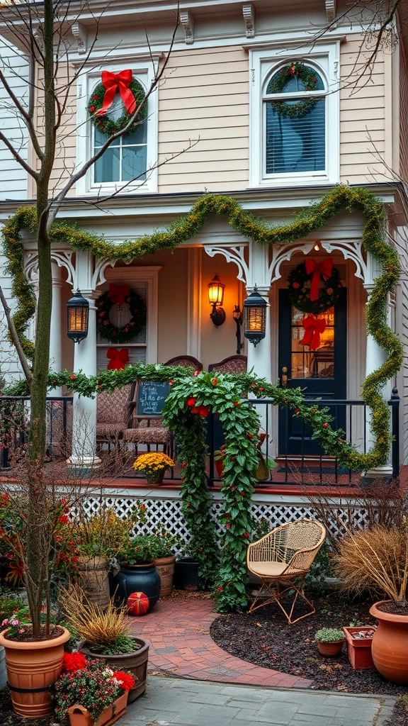 A charming Victorian front garden decorated for the festive season with wreaths, garlands, and colorful plants.