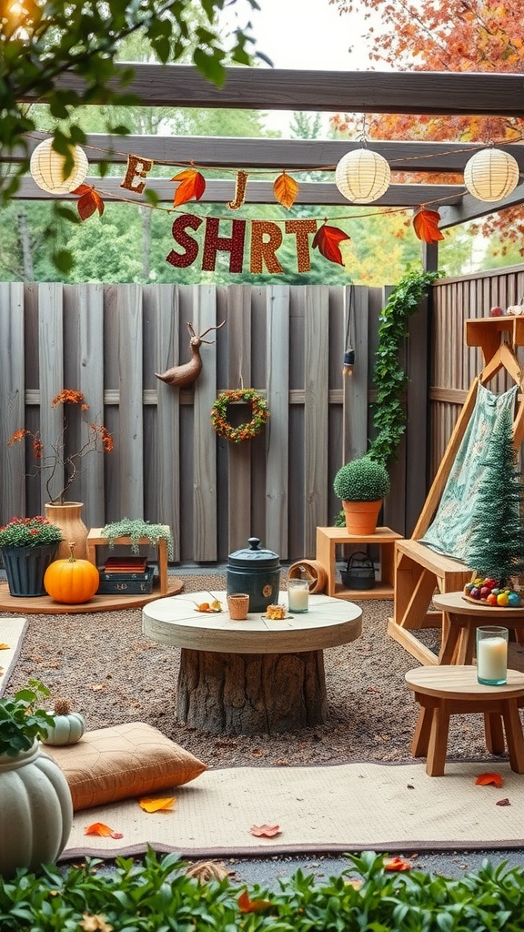 A cozy toddler outdoor play area decorated for autumn with pumpkins, colorful leaves, and soft seating.