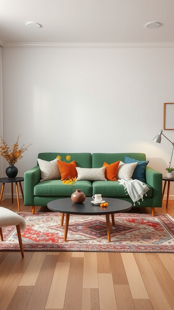 A cozy living room featuring a green sofa with colorful pillows, a round coffee table, and a decorative rug.