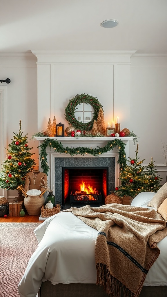 A cozy bedroom featuring a faux fireplace with seasonal decor, including a wreath, Christmas trees, and a soft blanket on the bed.