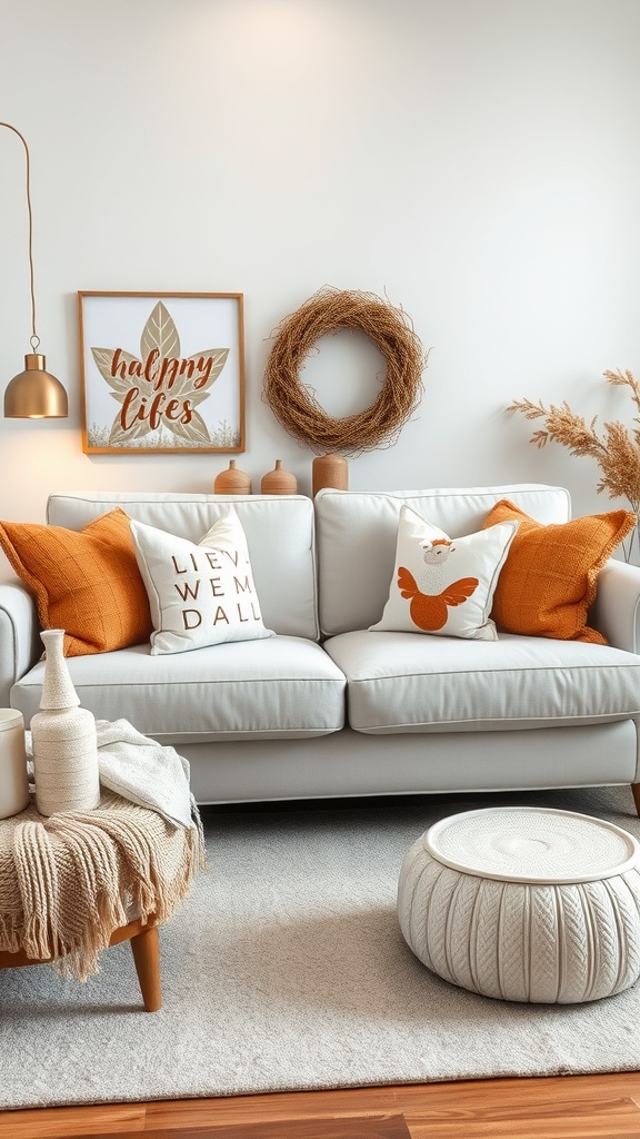 Cozy living room featuring a light grey couch with orange pillows, seasonal decor, and warm accents.