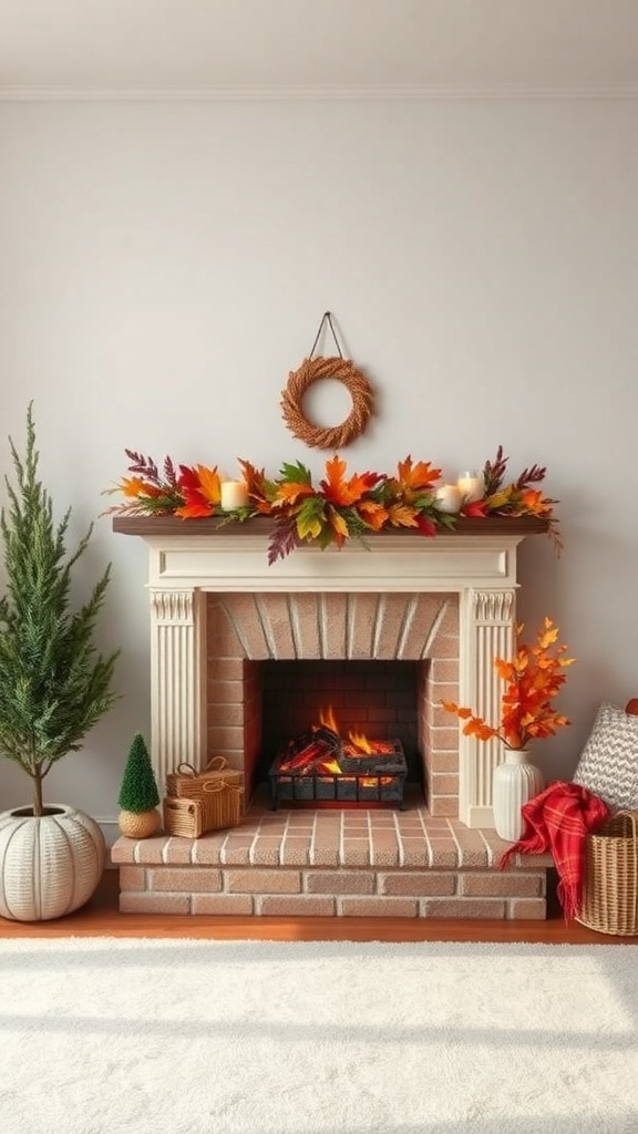 A cozy faux fireplace decorated with autumn leaves, candles, and potted plants.
