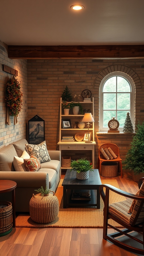A cozy basement family room decorated for the seasons with warm tones, greenery, and comfortable seating.