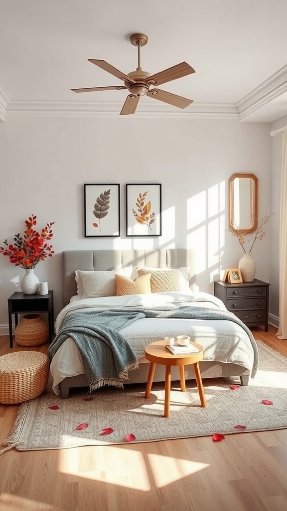 A cozy bedroom with seasonal decor, featuring a bed with soft bedding, a nightstand with flowers, and artwork showcasing autumn leaves.