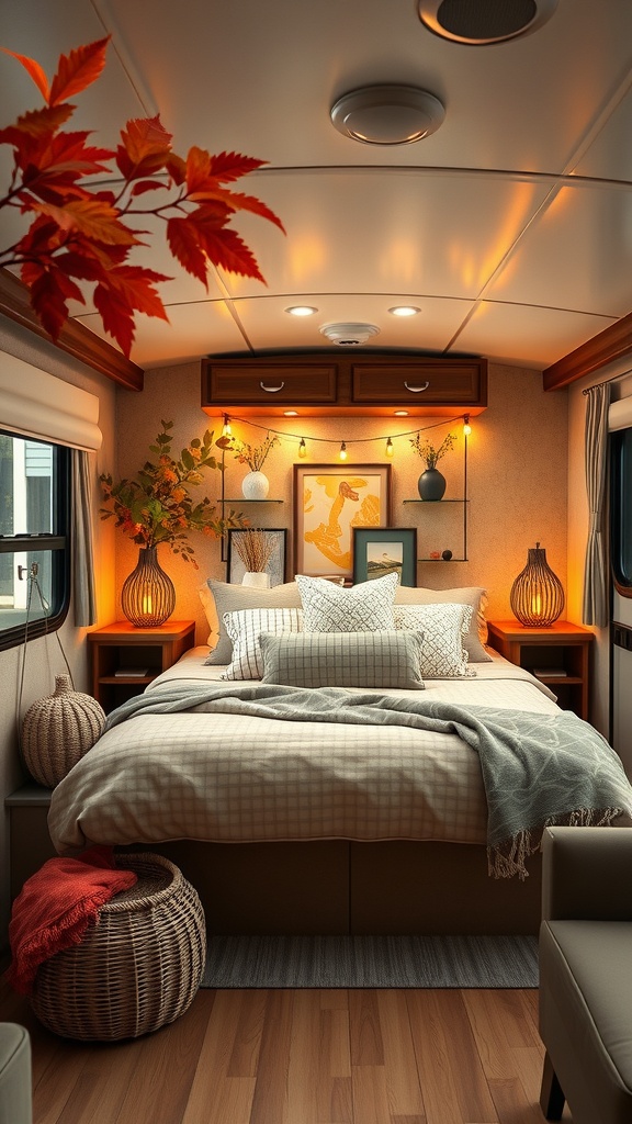 Cozy RV bedroom decorated for autumn with warm lighting and seasonal decor.