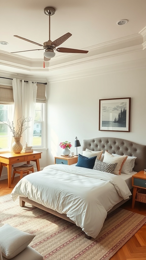 A bright and cozy bedroom office combo with a bed, desk, and seasonal decor elements.