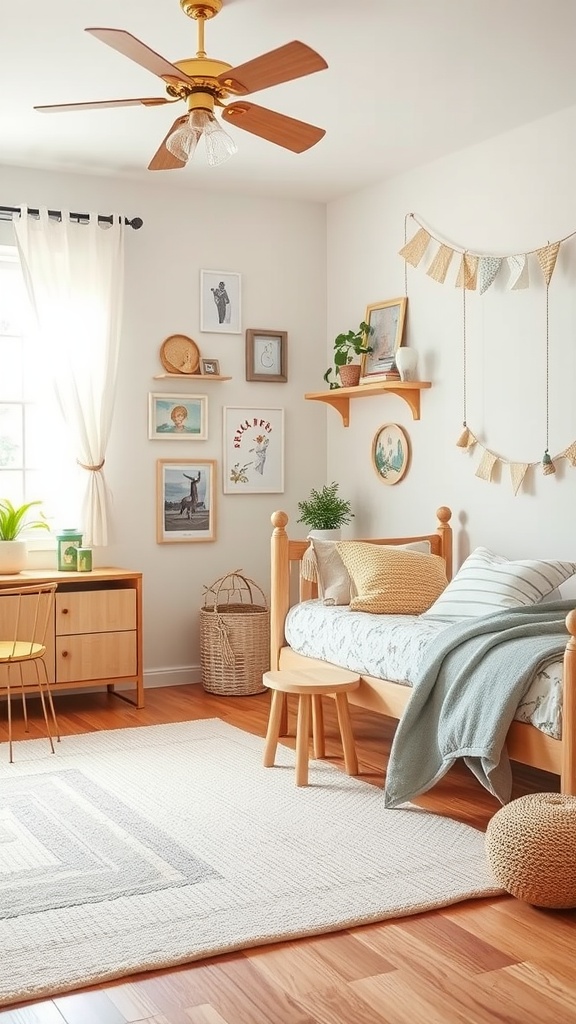 A cozy shared kids bedroom with decorations, a bed, and a workspace.