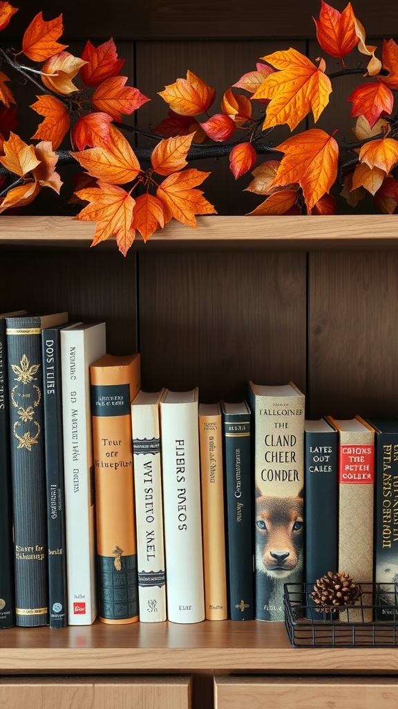 A bookshelf decorated with autumn leaves and various books.