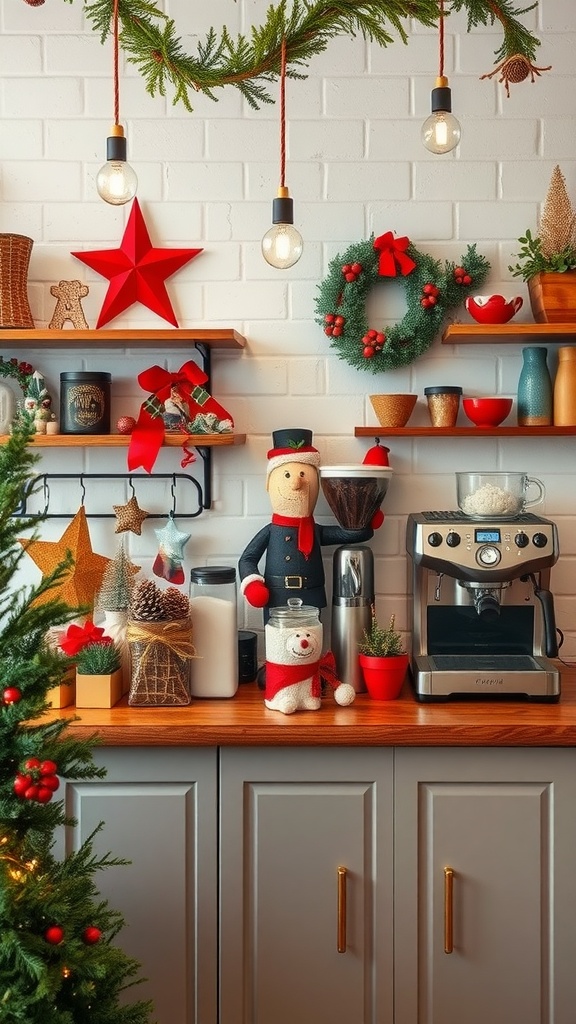 A cozy holiday-themed coffee station with festive decorations, including a snowman, red star, and seasonal wreath.