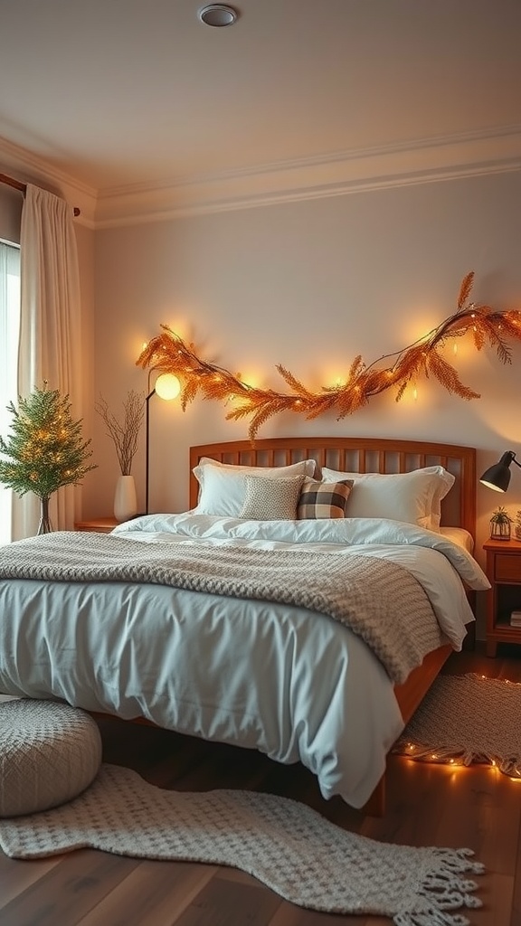 Cozy bedroom with seasonal decor, featuring a wooden bed, soft bedding, warm lights, and a small tree.