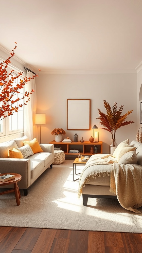 A cozy living room decorated with seasonal elements, featuring warm colors and soft lighting.