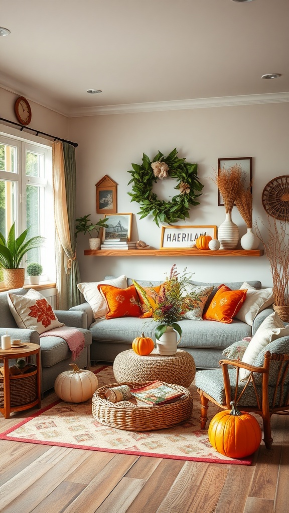 Cozy family room decorated for autumn with pumpkins, warm pillows, and a green wreath.