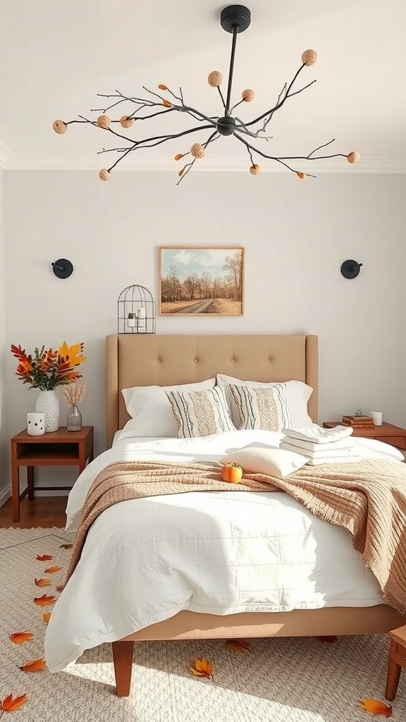 Cozy guest bedroom decorated for autumn with a branch light fixture, warm bedding, and seasonal accents.