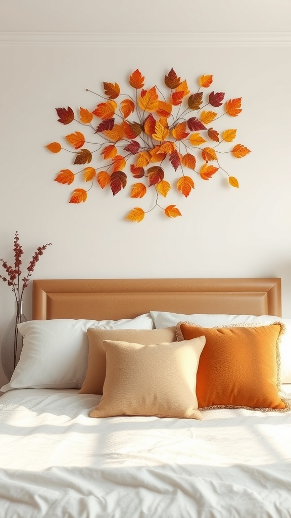 Wall decor featuring autumn leaves in warm colors above a bed with cream and orange pillows.