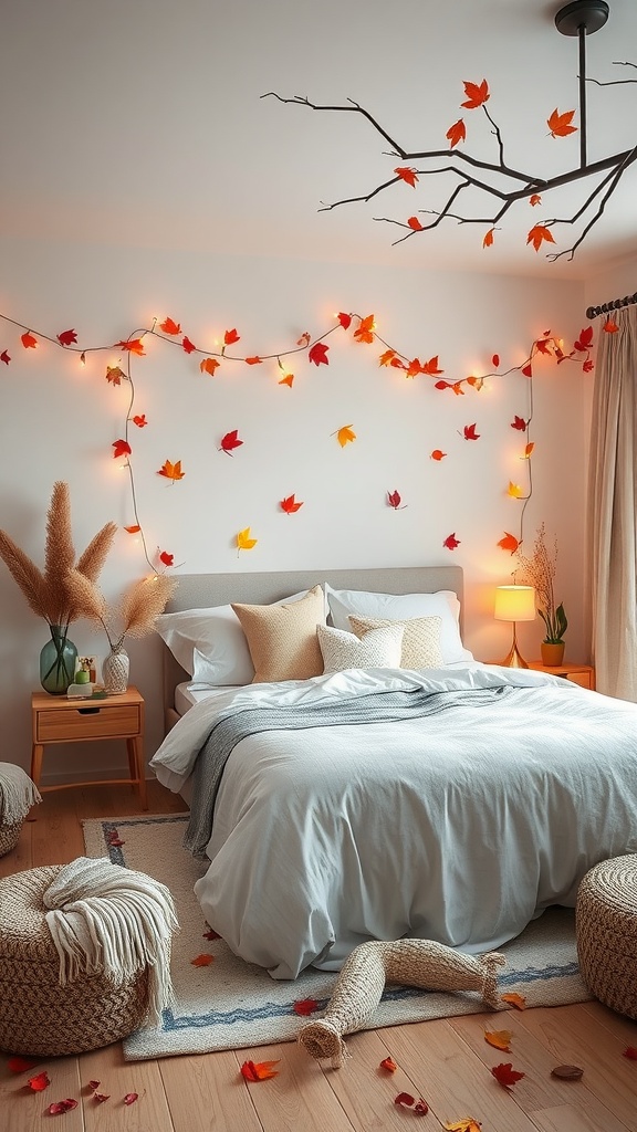 A cozy bedroom decorated with autumn leaves and soft lighting.