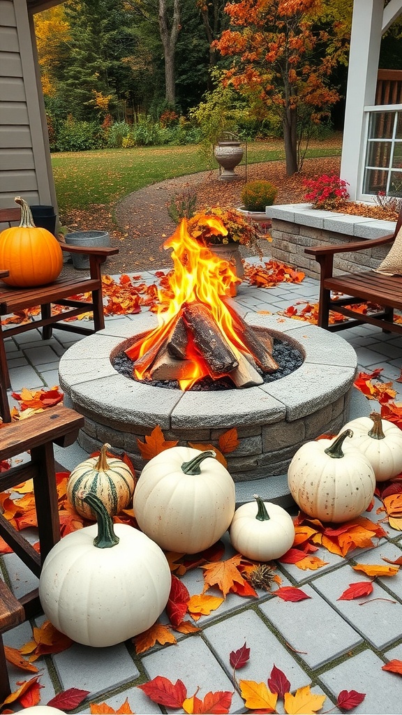 A cozy fire pit surrounded by colorful autumn leaves and pumpkins, creating a warm outdoor atmosphere