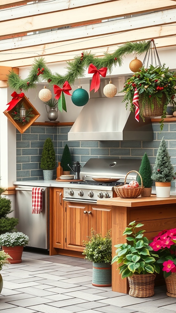 A decorated outdoor kitchen with festive seasonal decor including garlands, ornaments, and potted plants.