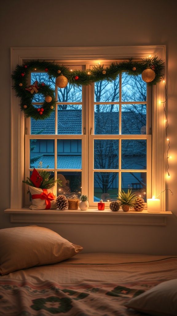 A cozy bedroom window decorated for the holiday season with a garland, candles, and seasonal plants.
