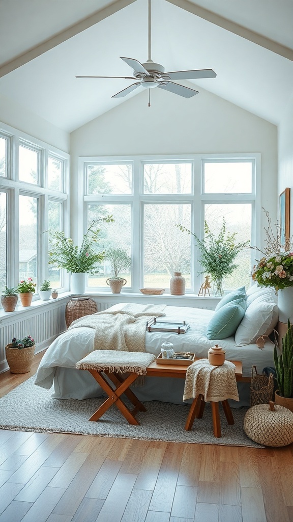 A bright sunroom with large windows, a cozy bed, and various plants, showcasing a seasonal decor theme.