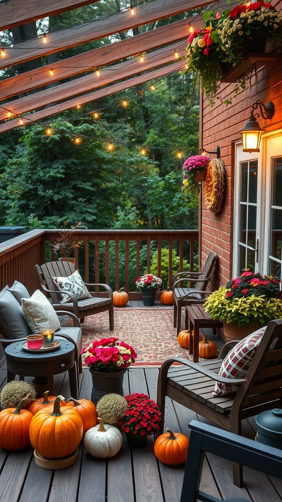 A cozy backyard deck decorated for fall with pumpkins, colorful flowers, cozy seating, and string lights.