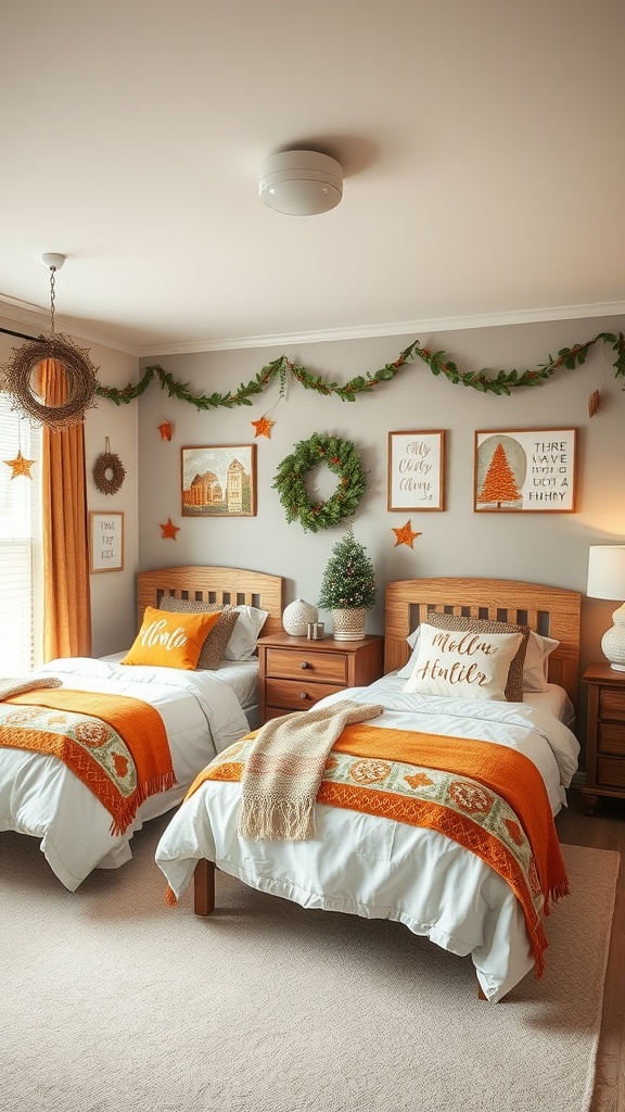 A cozy twin bedroom decorated for the fall season with orange throws, pillows, and autumn-themed wall art.
