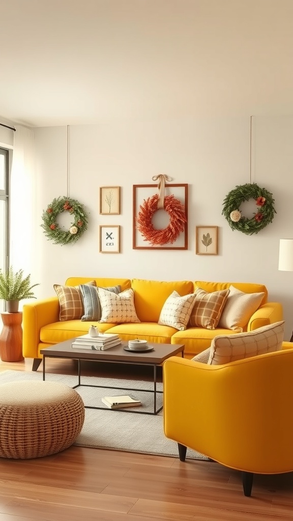 A cozy living room featuring a yellow couch with seasonal wreaths on the wall and decorative pillows.