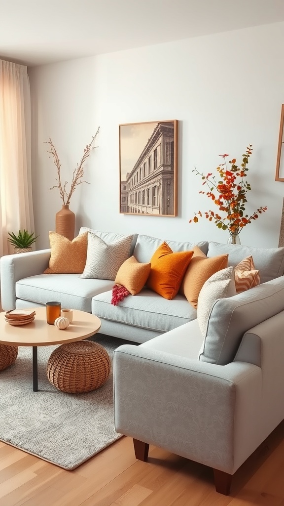 A cozy living room featuring a light gray couch with colorful pillows, a round coffee table, and seasonal decor.