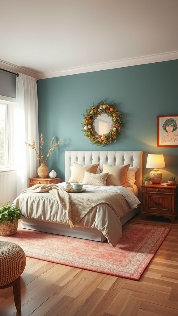 A cozy bedroom with a blue wall, a wreath on the wall, neutral bedding, and warm lighting.