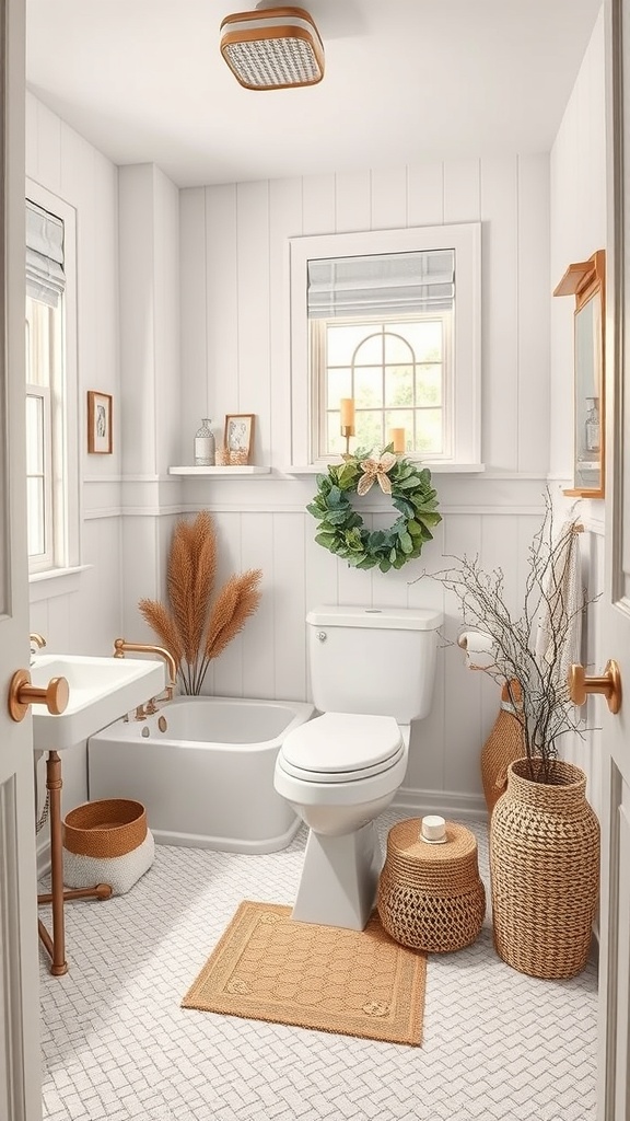 A cozy powder bathroom decorated with seasonal elements, featuring a wreath, woven baskets, and warm lighting.