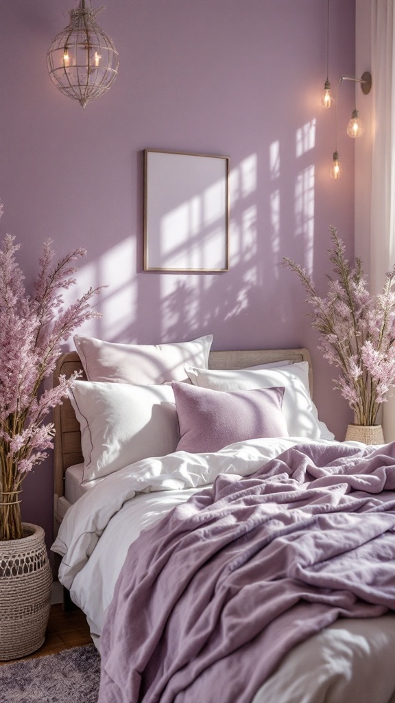 A cozy lavender-themed bedroom featuring soft bedding, faux lavender arrangements, and warm lighting.