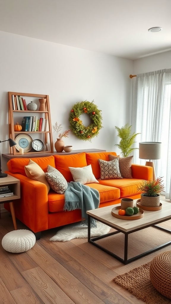 A bright orange sofa in a living room decorated for the fall season with pumpkins, a wreath, and warm lighting.
