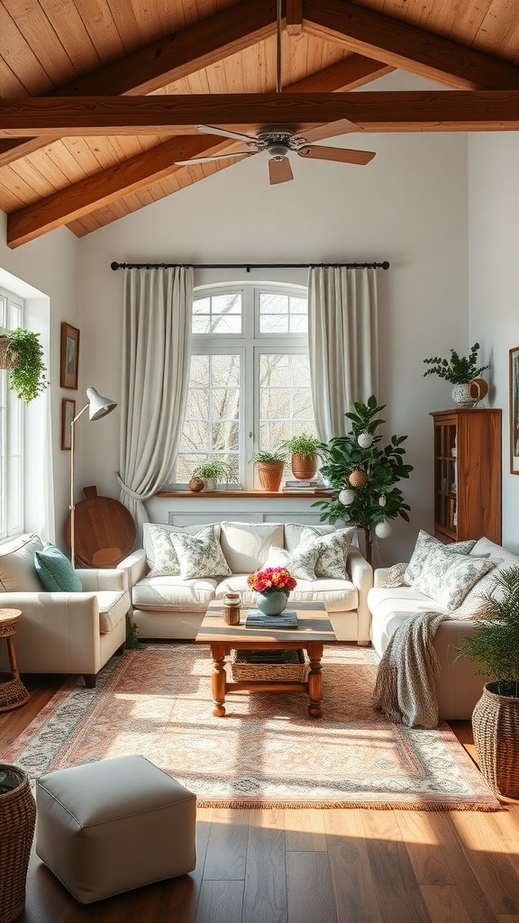 Cozy living room playroom combo with natural light, wooden beams, and playful decor.