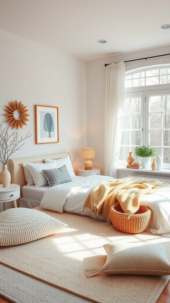 A clean girl bedroom featuring soft colors, natural light, and seasonal decor.