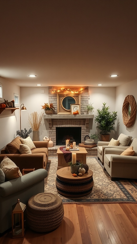 Cozy basement living room with fall decorations, pumpkins, and soft lighting.