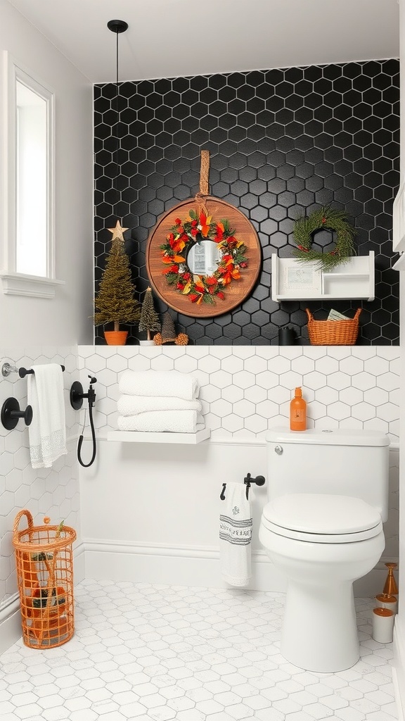 A black hexagon tile bathroom floor with seasonal decor elements including a festive wreath, small evergreen trees, and decorative baskets.