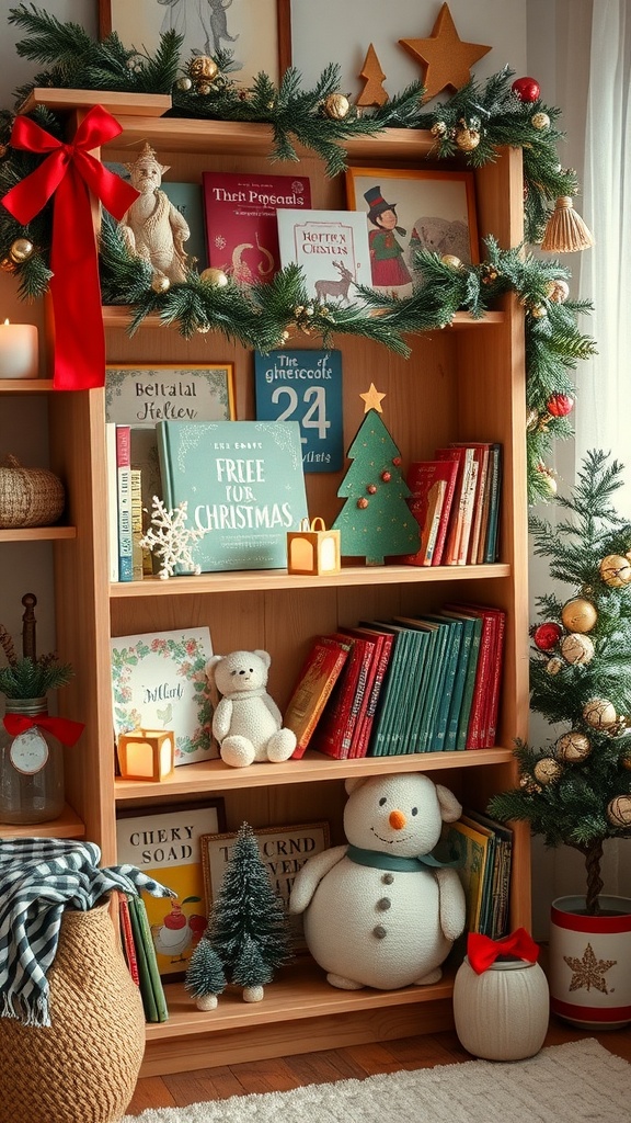Bookshelf decorated for the holidays with books, festive garland, and themed decorations.