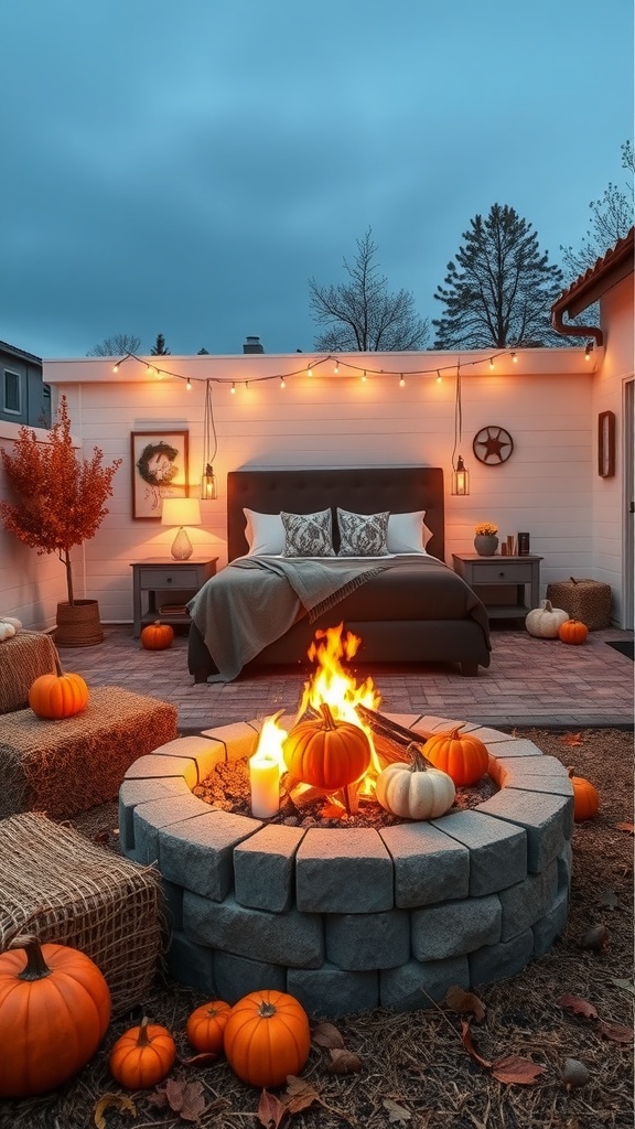 A cozy fire pit area decorated with pumpkins, hay bales, and string lights, creating a warm atmosphere for fall gatherings.