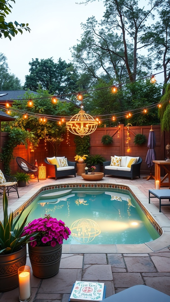 Cozy small backyard pool area with lights, plants, and seating