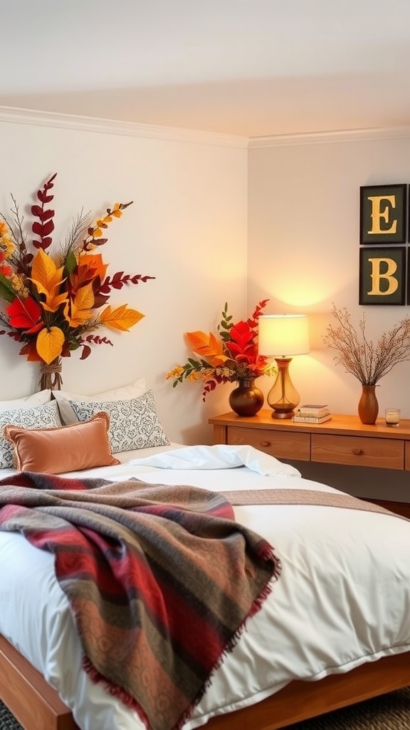 A cozy guest bedroom with autumn decor, featuring a floral arrangement, plaid throw, and warm lighting.