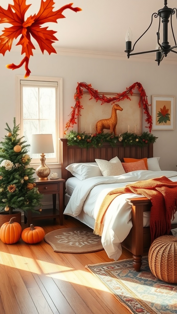 A cozy bedroom decorated for fall with burnt orange accents, pumpkins, and a small tree.
