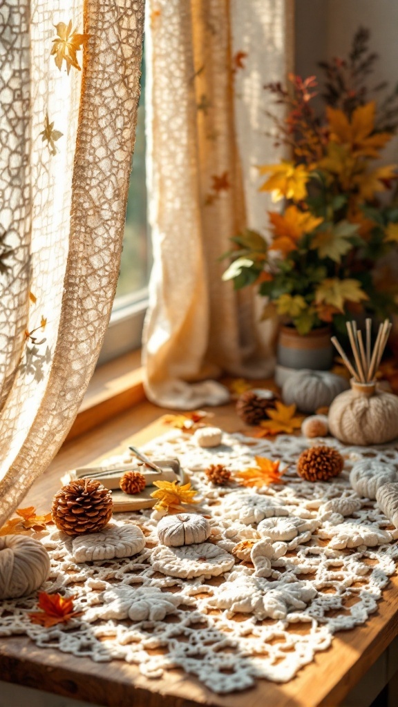 A cozy window with crochet curtains and seasonal autumn decor featuring pumpkins and pinecones.