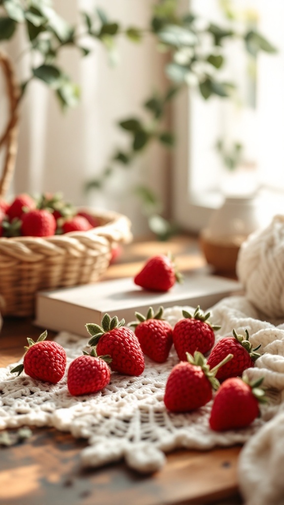 A collection of red crochet strawberries on a lace table cloth, with a basket of strawberries in the background.