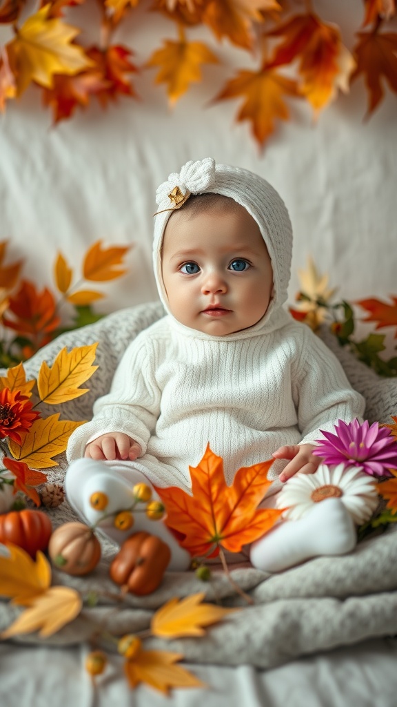 A baby sitting among autumn leaves and pumpkins, dressed in a cozy white outfit with a matching hat.