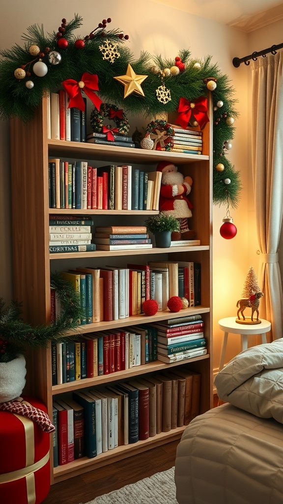 A beautifully decorated bookshelf with holiday decor including greenery, bows, and ornaments.