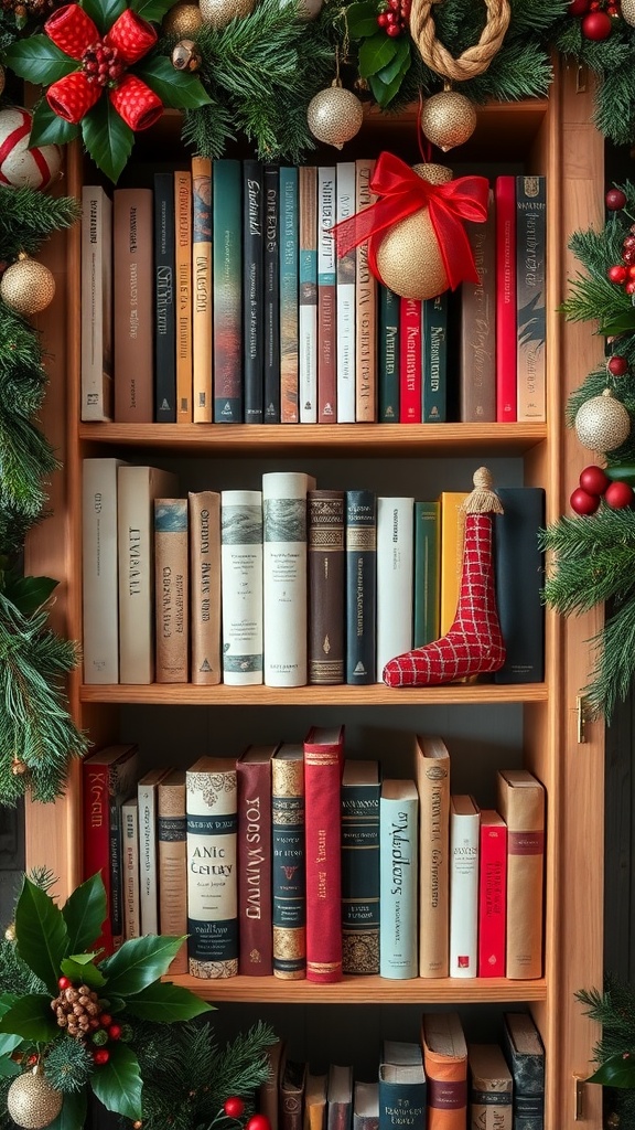 A decorated bookshelf with festive garlands, ornaments, and a stocking for seasonal decor.